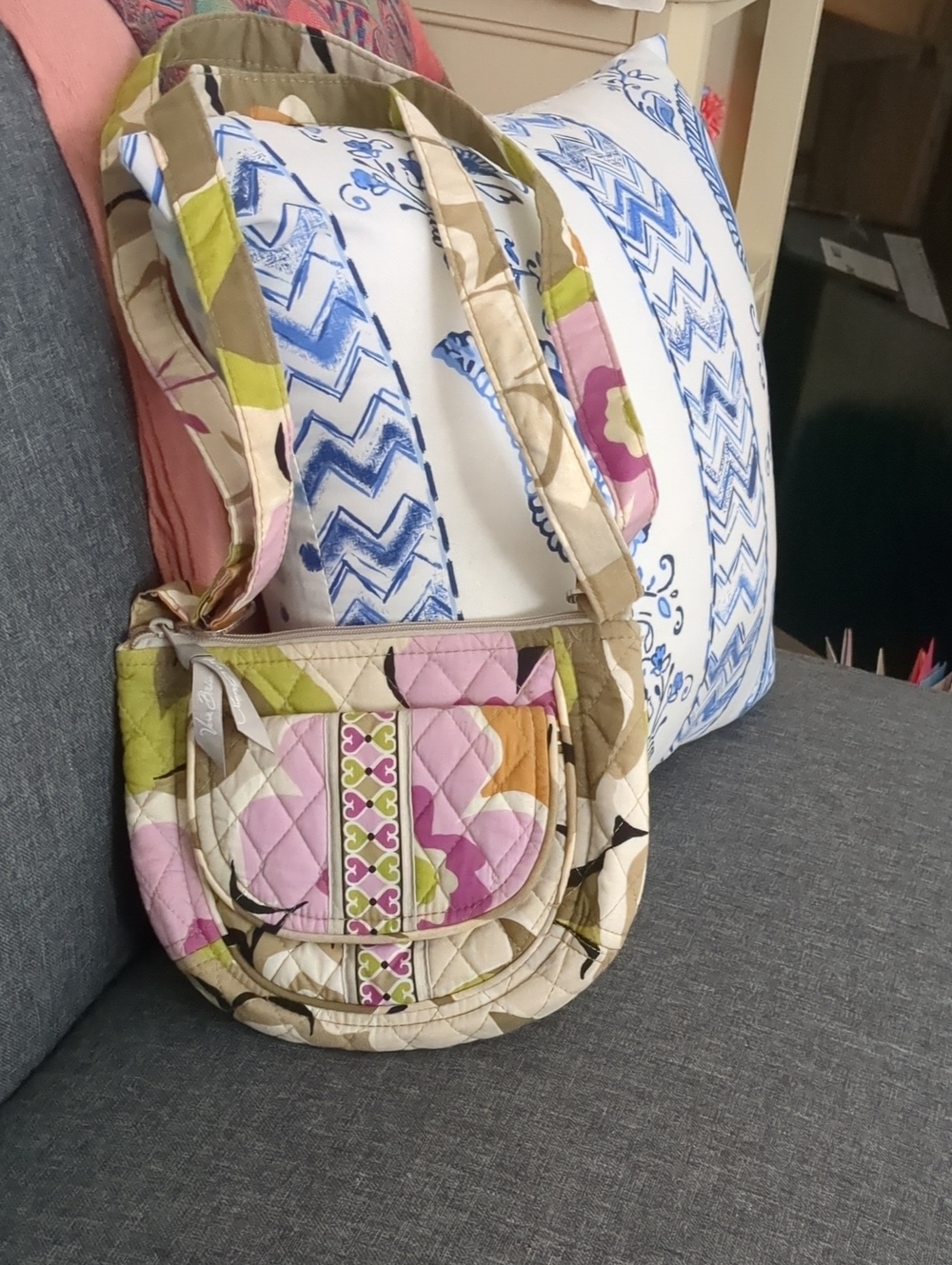 Vera Bradley Quilted Floral Patchwork Crossbody in Pink, Green & Tan